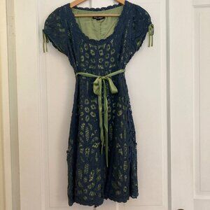 Betsey Johnson Blue Lace dress with green silk underlay